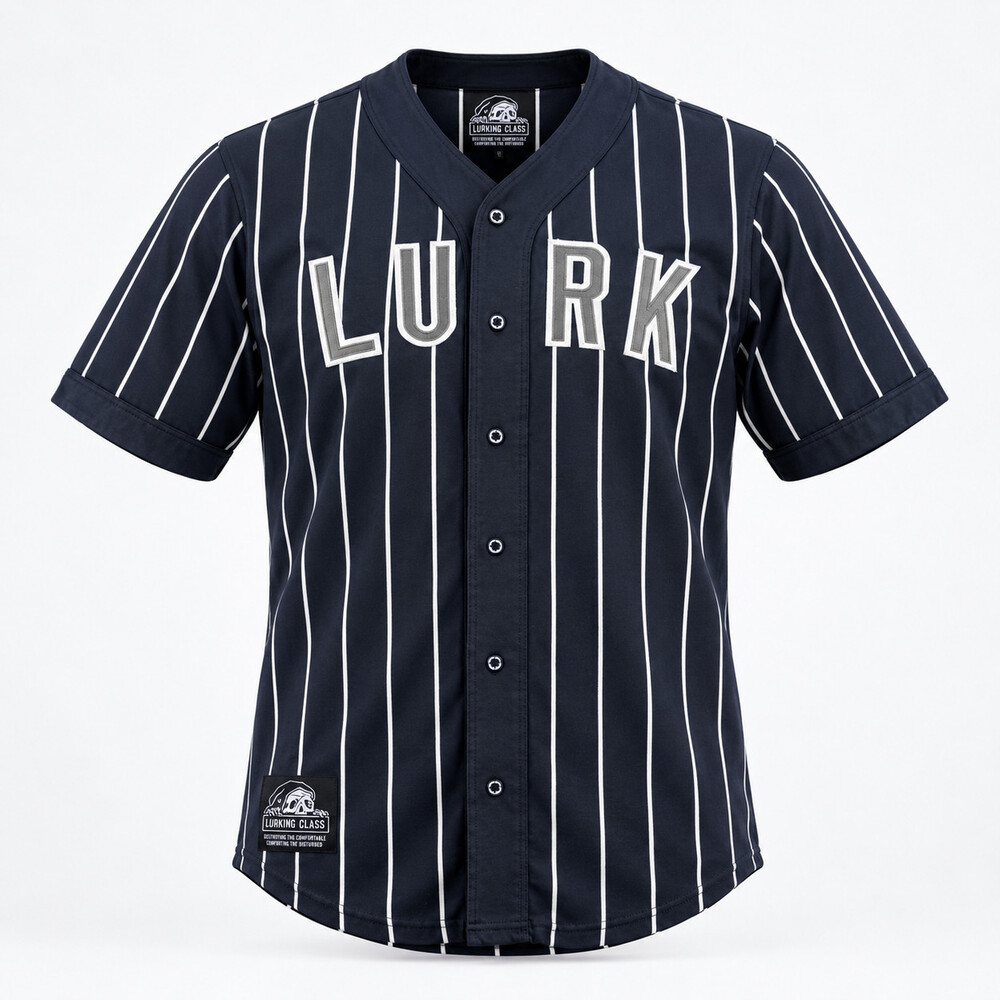 LURKING CLASS Jersey Mens XL Black White Pinstripe Baseball Embroidered Skull